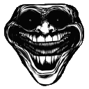 a black and white drawing of a troll face with big teeth and a big smile .