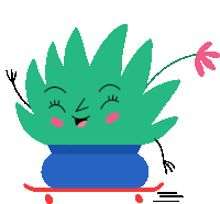 a cartoon plant is riding a skateboard with a flower in its mouth