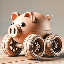 a toy pig with wheels is on a table