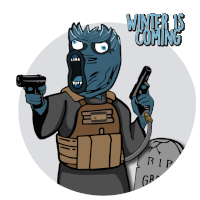 a cartoon of a man holding a gun with the words winter is coming behind him