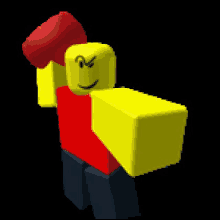 a yellow and red roblox character is holding a red hammer in his hand .