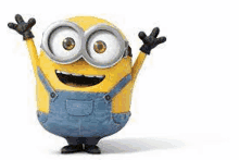 a minion from the movie despicable me is standing with his arms in the air .