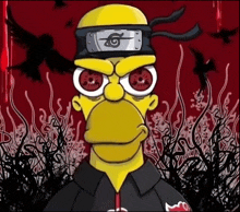 a cartoon of homer simpson wearing a headband with a symbol on it