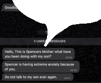 a screenshot of a text message between a mother and her son