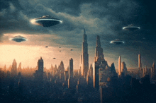 a group of ufos are flying over a city