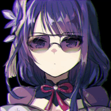 a purple haired anime girl wearing sunglasses and a bow