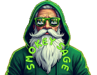 a man with a beard wearing a green hoodie that says smoke sage on it