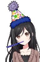 a girl with long black hair wearing a birthday hat