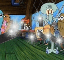 a group of cartoon characters including spongebob and squidward are standing on a wooden floor holding swords .