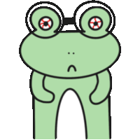 a green frog with glasses and red eyes looks sad