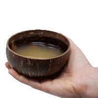 a hand is holding a coconut bowl filled with water