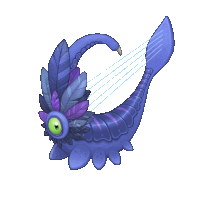 a cartoon drawing of a purple creature with feathers on it