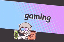 a cartoon of a girl playing a video game with a bag of gamer chips