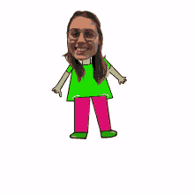 a drawing of a woman with glasses and a green shirt and pink pants