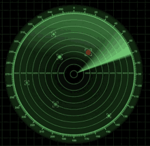 a radar screen shows a red dot in the middle