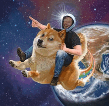 a man in a space suit is riding a doge