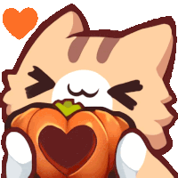 a cartoon cat is holding a pumpkin with a heart in it 's mouth