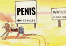 a cartoon of a man laying in the sand next to a sign that says penis and water