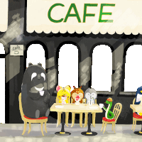 a group of animals are sitting at a table in front of a cafe