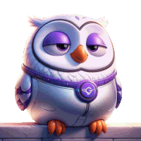 a white and purple owl with a purple g around its waist