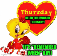 a tweety bird is holding pom poms in front of a heart that says thursday