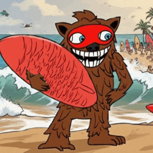 a cartoon drawing of a monster holding a surfboard