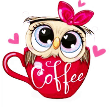 a cartoon owl is sitting inside of a red coffee cup