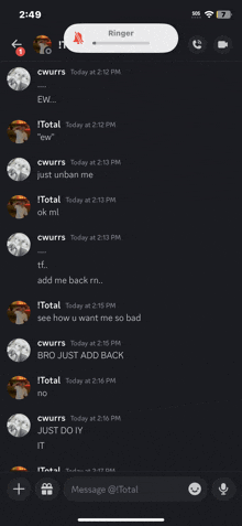 a phone screen shows a conversation between cwurrs and itotal at 2:49 pm