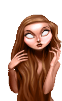 a cartoon of a woman with long hair and white eyes