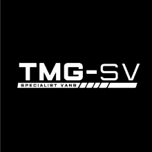 a logo for tmg-sv specialist vans is shown on a black background