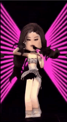 a cartoon girl is holding a microphone and singing into it .