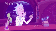 rick and morty is a cartoon character that is smoking a cigarette in a purple cave .