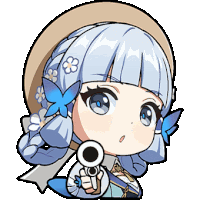 a cartoon girl with blue hair is holding a gun and wearing a hat