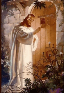 a painting of jesus knocking on a door with a cross on it