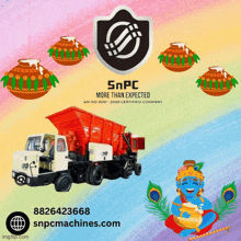 an advertisement for snpc machines shows a truck and a krishna