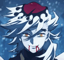 a close up of a anime character with blood on his face