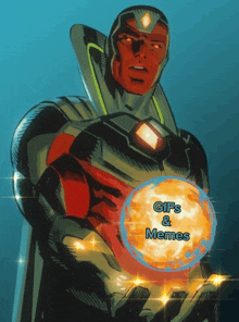 a cartoon of a superhero holding a sphere that says gifs & memes on it