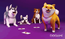 a group of cartoon dogs are on a purple background and the word dogami is on the bottom right