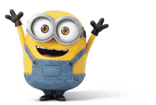 a smiling minion wearing overalls and goggles is waving his arms