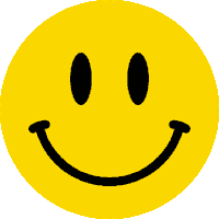 a yellow smiley face with black eyes is smiling