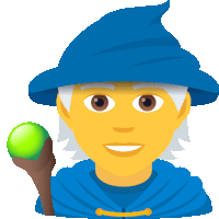 a cartoon of a wizard with a yellow face and a blue hat