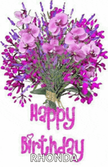 a birthday card with a bouquet of purple flowers and the words `` happy birthday rhonda ''