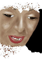 a close up of a woman 's face with red lips and sr written on her teeth