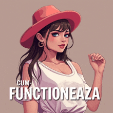 a cartoon of a woman wearing a hat with cum functioneaza on the bottom