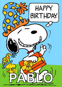 snoopy is wearing a party hat and holding a gift and says happy birthday pablo