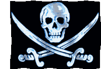 a pirate flag with a skull and crossed swords on a black background