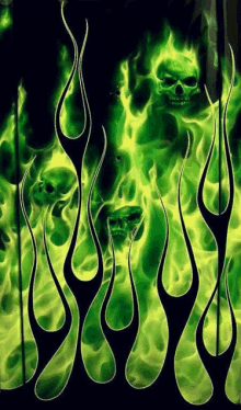 a painting of green flames with a skull in the middle