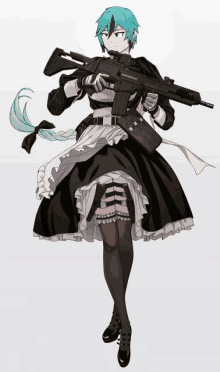 a girl in a maid outfit is holding a rifle