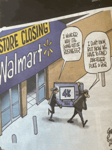 a cartoon of two men carrying a 4k tv in front of a walmart