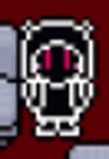 a pixel art of a skull with purple eyes